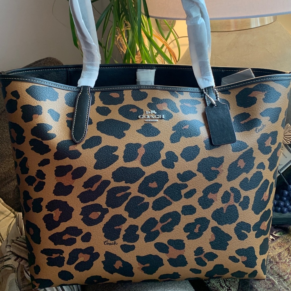 Coach Leopard Print Leather Tote Bag - Brown/Black - Picture 3 of 14